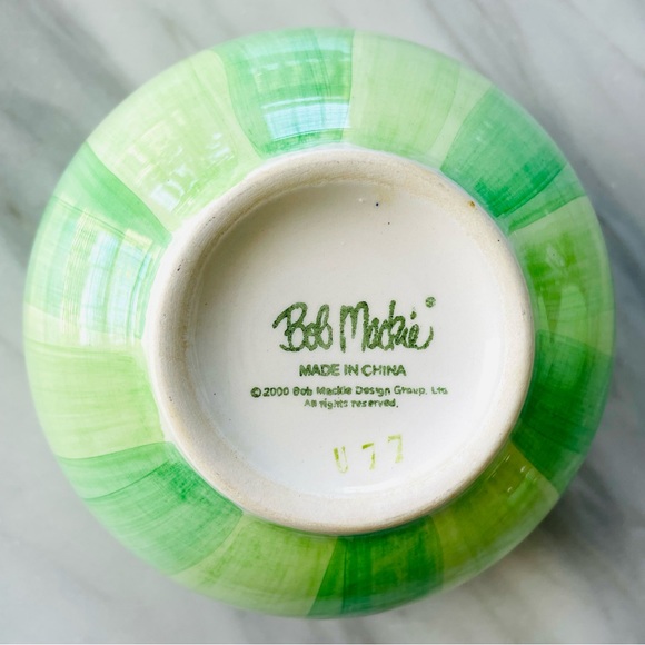 Bob Mackie•(4) Ceramic Soup/Cereal Bowls•HAND-PAINTED•Green Stripes and Flowers - Picture 10 of 14